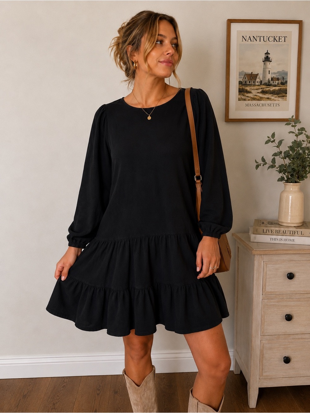 ShineStar Black Tiered Babydoll Dress XS Puff Sleeve Pocket Mini Dress
